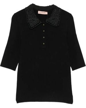 Twinset Lace-Collar Ribbed Polo Shirt - Black