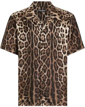 Dolce & Gabbana Bowling Shirt With Cuban Collar And All-Over Leopard Print - Brown