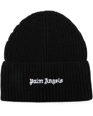 Palm Angels Logo-Embroidered Ribbed-Knit Beanie - Black