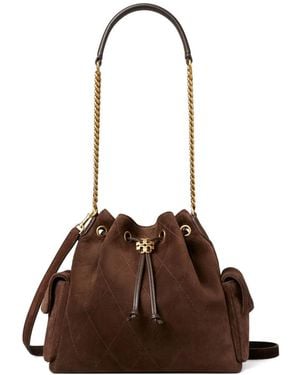Tory Burch Charlie Quilted Suede Drawstring Shoulder Bag - Brown