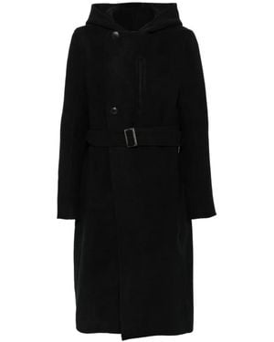 Rick Owens Belted Hooded Single Breasted Coat - Black