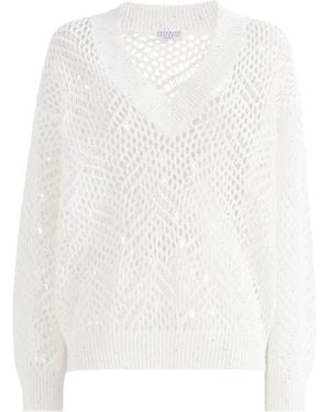 Brunello Cucinelli Dazzling Pullover Aus Leinen Mit Abstraktem Blatt - Weiß