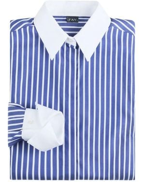 Fay Vertical-Stripe Contrast-Collar Shirt - Bleu