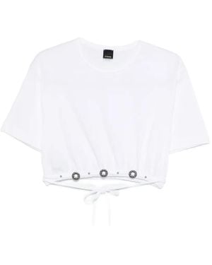 Pinko Cropped T-Shirt With Lace And Texan Details - White