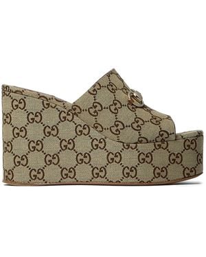 Gucci 105Mm Horsebit Wedge Sandals - Brown
