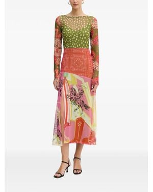 Never Fully Dressed Mixed-Print Side-Slit Midi Dress - Green