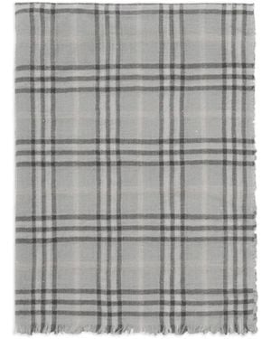 Burberry Wide Embellished Check Wool-Silk-Blend Scarf - Grey