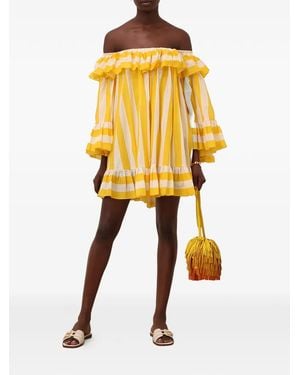 Zimmermann Gathered Straight Neckline Dress With Ruffle - Yellow