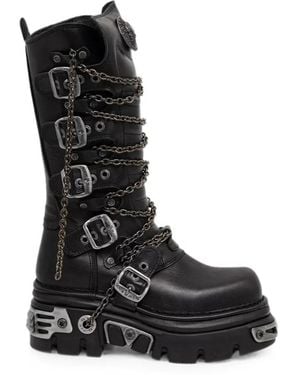 New Rock Chain-Embellished Buckle-Fastening Boots - Black