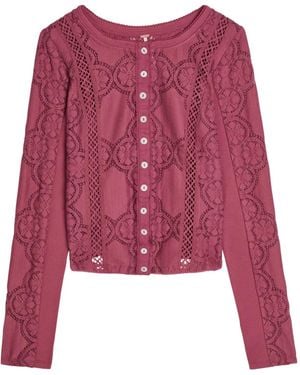 Free People Floral-Lace Button-Up Cardigan - Red