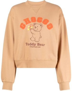 Chocoolate Teddy-Bear Embroidered Cropped Sweatshirt - Brown