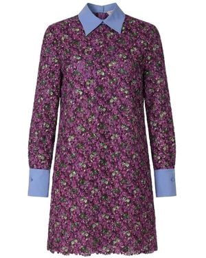 Valentino Garavani Floral-Embroidered Contrasting-Collar Dress - Purple