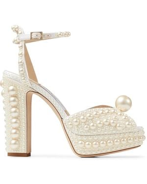 Jimmy Choo Sacaria 120 Pearl-Embellished Satin Platform Sandals - White