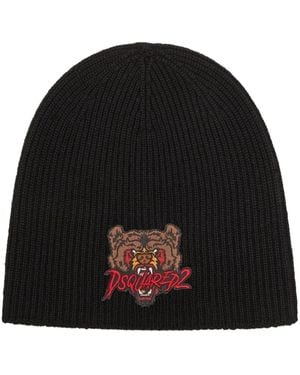 DSquared² Wool Beanie With Front Embroidery - Black