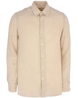 120% Lino Chemise À Boutonnière Sur Le Devant - Natural