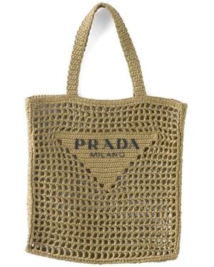 Prada Triangle-Logo Raffia Tote Bag - Metallic