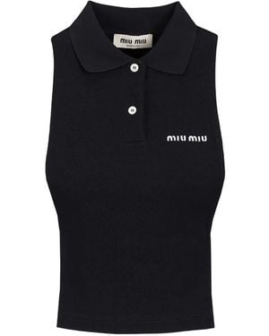 Miu Miu Logo-Embroidered Sleeveless Polo Shirt - Black