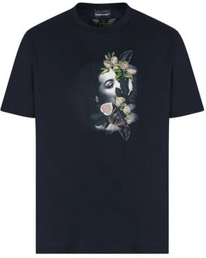 Emporio Armani Floral-Print Portrait T-Shirt - Blue