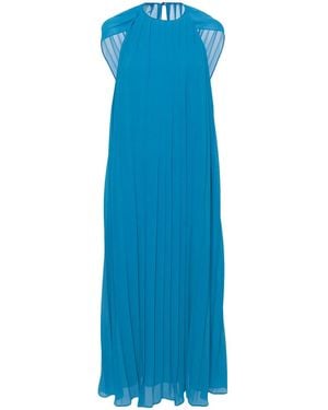 Semicouture Draped-Shoulder Pleated Dress - Blue