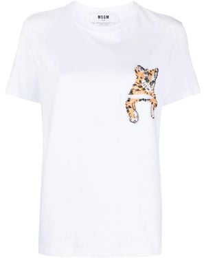 MSGM Cat-Embellished Cotton T-Shirt - White