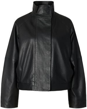 SELECTED High-Neck Leather Jacket - Black