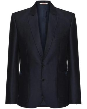 Valentino Garavani V-Detail Single-Breasted Blazer - Blue