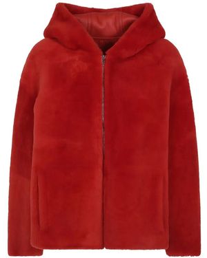 Yves Salomon Hooded Shearling Jacket - Red