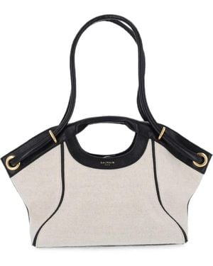 Balmain Sac Cabas En Toile À Bords En Cuir - Natural