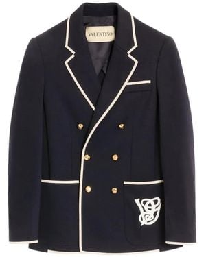 Valentino Garavani Double-Breasted Wool Jacket With Vg Patch - Black