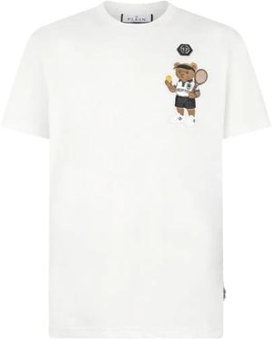 Philipp Plein Round Neck T-Shirt Teddy Tennis Patch - White