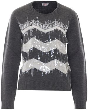 Liu Jo Sequin-Embellished Chevron-Pattern Sweater - Gray