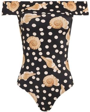 Brigitte Bardot Debora Polka-Dot Seashell-Print Swimsuit - Black