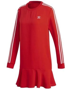 adidas 3-Stripe Long-Sleeve Ruffled Dress - Red