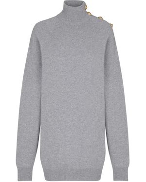 Balmain High-Neck Button-Embellished Jumper Dress - Grigio