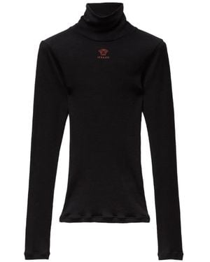 Versace Embroidered-Logo Wool Knit Turtleneck Jumper - Black