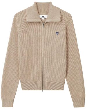 Chocoolate Ribbed-Knit Heart-Patch Zip-Up Cardigan - Natural