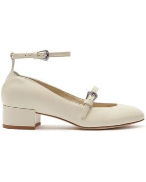 SCAROSSO Leather Ankle-Strap Block Heel Court Shoes - Natural