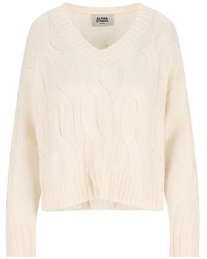 Alpha Studio Pull En Maille Torsadée À Col V - Neutre