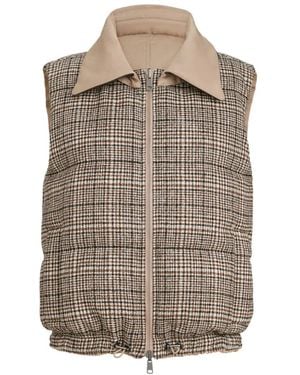 Brunello Cucinelli Twill And Prince-Of-Wales Reversible Down Vest With Detachable-Leather-Collar And Monili - Brown