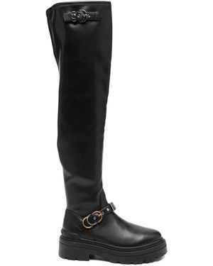 Pinko Knee-High Boots With Decorative Buckle Straps - Black