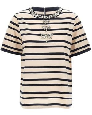 Elena Miro Striped Jewel-Embellished T-Shirt - White
