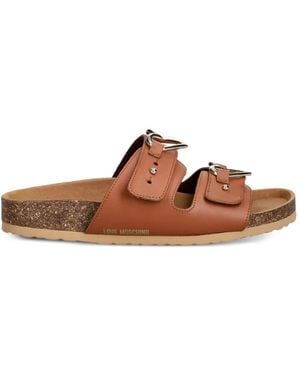 Love Moschino Heart-Buckle Leather Slides - Brown