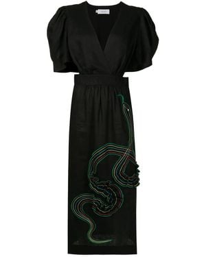 Isolda Lina Embroidered-Motif Puff-Sleeve Dress - Black