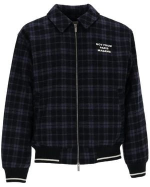Drole de Monsieur Slogan Check-Pattern Slogan-Print Bomber Jacket - Black