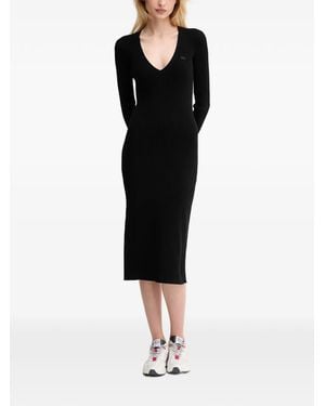 Lacoste V-Neck Ribbed Midi Dress - Black