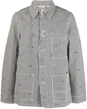 KENZO Floral-Embroidered Striped Shirt Jacket - Grey