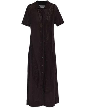 Lacoste Short-Sleeve Collared Knitted Midi Dress - Black