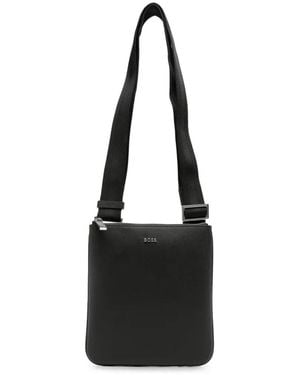 BOSS Logo-Plaque Saffiano-Effect Shoulder Bag - Black