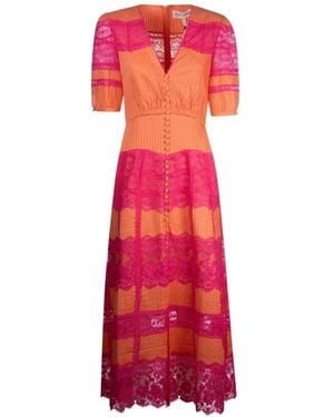 Saloni Lea Lace V-Neck Maxi Dress - Red