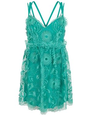 Alberta Ferretti Floral-Embroidered Ruffled Mini Dress - Blue